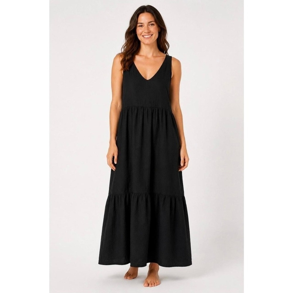 Pact new Organic Cotton Linen Tiered Maxi Dress Black Sleeveless Pockets XL